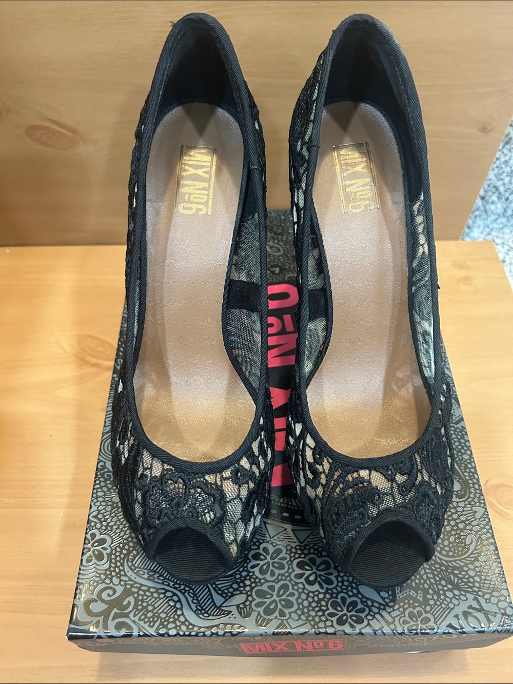 Mix No. 6 Black Lace Peep-Toe Heels